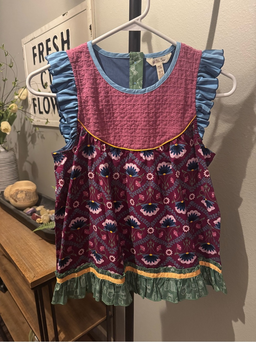 Matilda Jane Pink Floral Ruffle Sleeve Blouse with Blue Accents